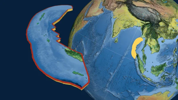 Birmânia Placa Tectónica Extrudido Apresentado Contra Globo Mapa Topográfico Renderização — Fotografia de Stock