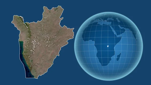 Burundi. Globe with the shape of the country against zoomed map with its outline isolated on the blue background. satellite imagery