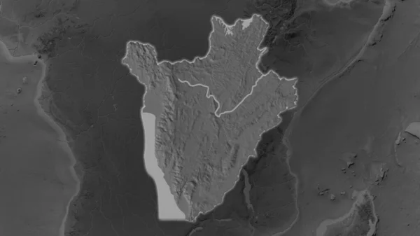 Burundi Área Ampliada Brilhou Fundo Escuro Seus Arredores Mapa Elevação — Fotografia de Stock