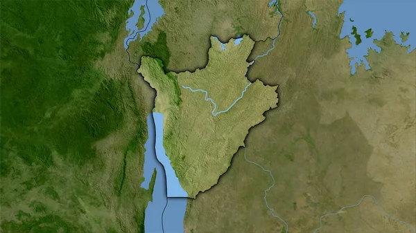 卫星B地图上立体投影中的布隆迪地区 带有暗发光轮廓的栅格层的原始组成 — 图库照片