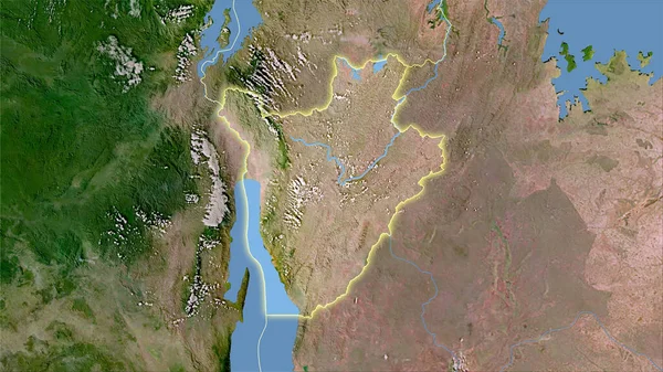 卫星C地图上立体投影中的布隆迪地区 具有发光轮廓的栅格层的原始组成 — 图库照片