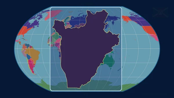 以透视线与Kavrayskiy投影中的全球地图对齐 放大了布隆迪的轮廓 形体中心 行政区划的彩色地图 — 图库照片
