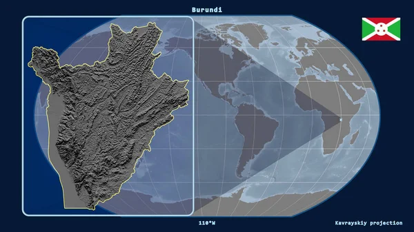 Увеличенный Вид Контура Бурунди Перспективными Линиями Против Глобальной Карты Каврайской — стоковое фото