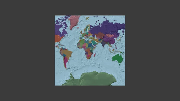 Square frame of the large-scale map of the world in an oblique Van der Grinten projection centered on the territory of Burundi. Color map of the administrative division