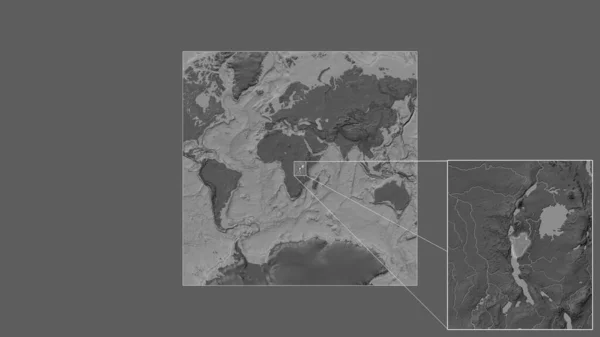 从世界大比例尺地图中提取出的扩大和扩大的布隆迪地区 其主要线连接了框架的各个角落 Bilevel高地图 — 图库照片