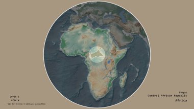 Area of Caf marked with a circle on the large-scale map of the continent isolated against desaturated background. Capital georeferences and names given. Color physical map clipart