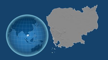 Kamboçya. Yakınlaştırılmış haritaya karşı ülkenin şekline sahip dünya mavi arka planda izole edilmiş. Gri tonlama yükseklik haritası