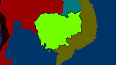 Stereografik projeksiyondaki idari bölümler haritasında Kamboçya alanı - koyu parlak ana hatlı raster tabakalarının ham bileşimi