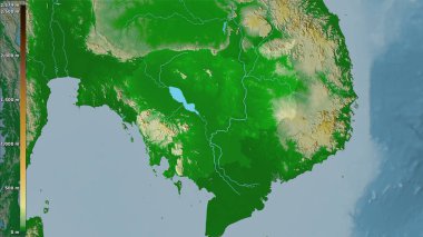 Kamboçya bölgesinde, efsanevi stereografik projeksiyondaki fiziksel harita - raster katmanlarının ham bileşimi