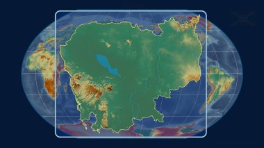 Kavrayskiy projeksiyonundaki küresel haritaya karşı perspektif çizgileriyle Kamboçya 'ya yakınlaştırılmış görünüm. Şekil merkezli. topografik yardım haritası