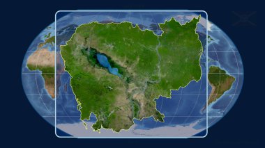 Kavrayskiy projeksiyonundaki küresel haritaya karşı perspektif çizgileriyle Kamboçya 'ya yakınlaştırılmış görünüm. Şekil merkezli. uydu resimleri