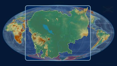 Mollweide projeksiyonundaki küresel bir haritaya karşı Kamboçya 'nın perspektif çizgileriyle yakınlaştırılmış görüntüsü. Şekil merkezli. topografik yardım haritası