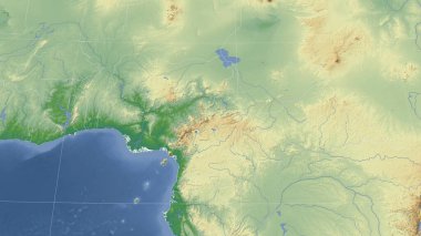 Kamerun ve mahallesi. Uzak eğimli perspektif - özet yok. renk fiziksel haritası