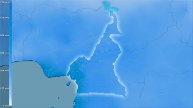Efsanevi stereografik projeksiyondaki Kamerun bölgesindeki en nemli ayın yağışı - ışık saçan ana hatlı raster tabakalarının ham bileşimi