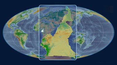Mollweide projeksiyonundaki küresel bir haritaya karşı perspektif çizgileri ile Kamerun ana hatlarını yakınlaştırdım. Şekil merkezli. renk fiziksel haritası