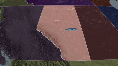 Alberta, Kanada 'nın başkenti yakınlaştırılmış ve vurgulanmıştır. İdari bölümün renkli ve çarpık haritası. 3B görüntüleme