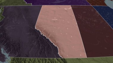 Alberta - Kanada vilayeti yakınlaştırıldı ve altı çizildi. İdari bölümün renkli ve çarpık haritası. 3B görüntüleme