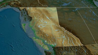 British Columbia - Kanada vilayeti yakınlaştırıldı ve altı çizildi. Ana fiziksel manzara özellikleri. 3B görüntüleme
