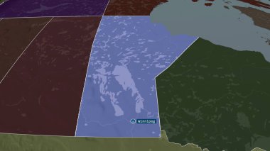 Manitoba - Kanada vilayeti sermaye ile yakınlaştırıldı ve vurgulandı. İdari bölümün renkli ve çarpık haritası. 3B görüntüleme