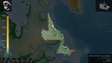 Newfoundland ve Labrador, Kanada vilayeti. Gölleri ve nehirleri olan renkli gölge verileri. Ülke alanına karşı bilgilendirici örtülerle sunulan şekil. 3B görüntüleme