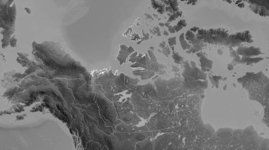 Northwest Territories, territory of Canada. Grayscaled map with lakes and rivers. Shape outlined against its country area. 3D rendering clipart
