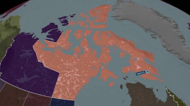 Nunavut - Kanada toprakları büyüyüp sermaye ile vurgulandı. İdari bölümün renkli ve çarpık haritası. 3B görüntüleme