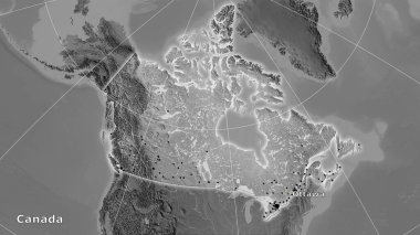 Stereografik projeksiyondaki Kanada bölgesi gri ölçekli yükseklik haritasında - ana bileşim