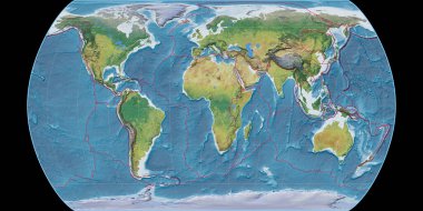World map in the Canters Pseudocylindric projection centered on 11 East longitude. Main physiographic landscape features - composite of raster with graticule and tectonic plates borders. 3D illustration clipart