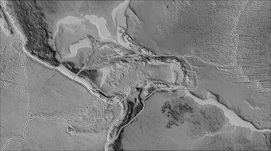 Tektonik plakalar, Karayipler 'e komşu bölgelerin gri tonlu haritasında yer almaktadır. Van der Grinten I yansıması (eğik dönüşüm)