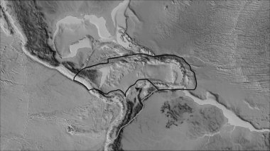 Van der Grinten I projeksiyonundaki (eğik dönüşüm) gri tonlu haritada Karayip tektonik plakası ve bitişik plakaların sınırları)