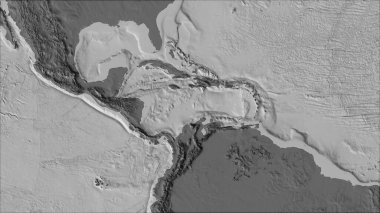 Van der Grinten I projeksiyonundaki (eğik dönüşüm) bilek yükseklik haritasında Karayip tektonik plakasının komşuları. Ham bileşik - ana hatları yok