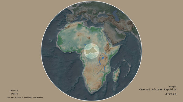 Area of Caf marked with a circle on the large-scale map of the continent isolated against desaturated background. Capital georeferences and names given. Color physical map