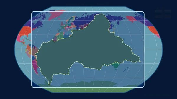 空の投影における世界地図との遠近法線を持つカフェアウトラインのズームインビュー 形を中心に 行政区画のカラーマップ — ストック写真