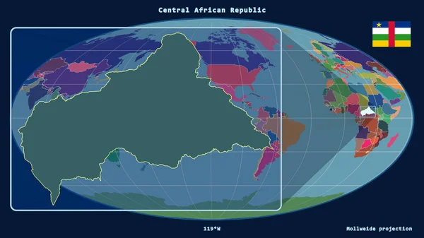 在Mollweide投影中 将带有透视线的Caf轮廓与全球地图进行缩放 在左边的形状 行政区划的彩色地图 — 图库照片