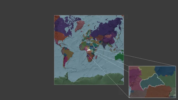 从世界大比例尺地图中提取出的扩大和扩大的咖啡区 其领头羊线连接了框架的各个角落 行政区划的彩色地图 — 图库照片