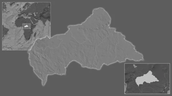 卡夫的特写及其在该地区的位置 以及在一个大比例尺世界地图中心的位置 Bilevel高地图 — 图库照片
