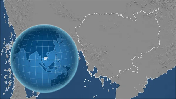 カンボジア アウトラインを持つ拡大地図に対して国の形を持つグローブ グレースケール標高図 — ストック写真