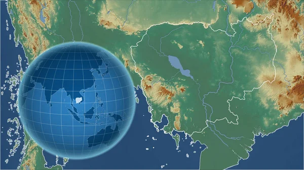 Cambogia Globo Con Forma Del Paese Contro Mappa Ingrandita Con — Foto Stock