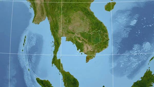 Kamboçya Mahalle Ülkenin Dış Hatlarıyla Uzak Perspektif Uydu Resimleri — Stok fotoğraf