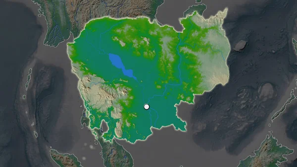 Highlighted Area Cambodia Capital Point Desaturated Map Its Neighbourhood Color — Stock Photo, Image