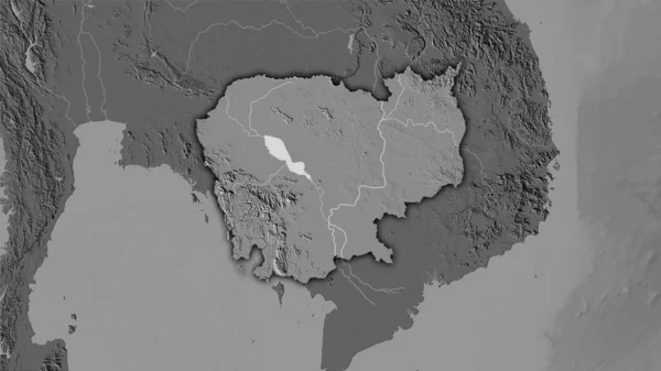 立体投影図上の2階の標高マップ上のカンボジアエリア 暗い輝線アウトラインを持つラスター層の生の組成 — ストック写真