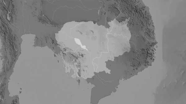 Kambodža Mapě Nadmořské Výšky Stupních Šedi Stereografické Projekci Hrubé Složení — Stock fotografie