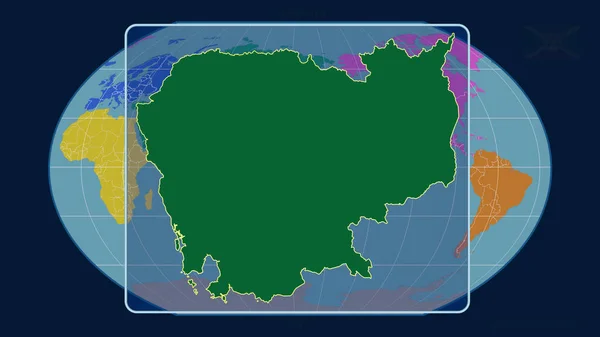 根据Kavrayskiy投影中的全球地图 用透视线放大了柬埔寨的轮廓 形体中心 各大洲的彩色地图 — 图库照片