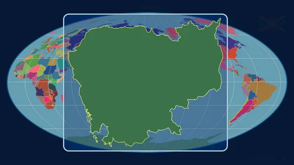 在Mollweide投影中 用透视线与全球地图对齐 放大了柬埔寨的轮廓 形体中心 行政区划的彩色地图 — 图库照片