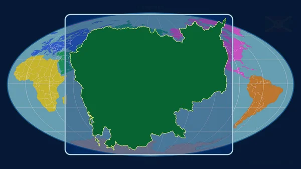在Mollweide投影中 用透视线与全球地图对齐 放大了柬埔寨的轮廓 形体中心 各大洲的彩色地图 — 图库照片