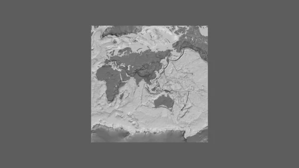 世界大比例尺地图的正方形框架 呈倾斜的范德格林登投影 以柬埔寨领土为中心 Bilevel高地图 — 图库照片