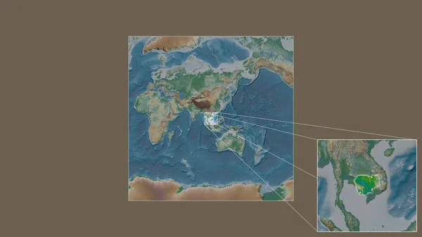 世界の大規模な地図から抽出されたカンボジアの拡大拡大領域と フレームの隅を結ぶ主要線 地図の色 — ストック写真