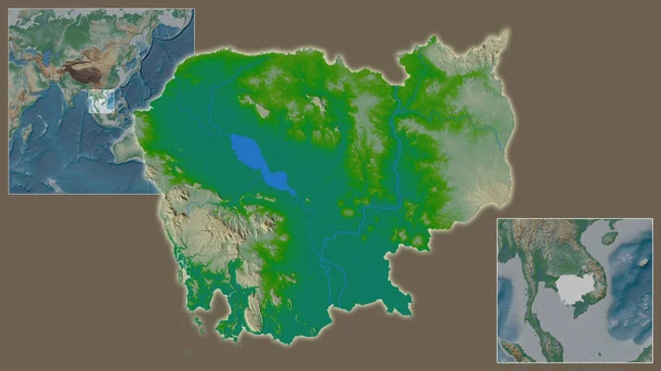 カンボジアのクローズアップとその地域と大規模な世界地図の中心部にあります 地図の色 — ストック写真