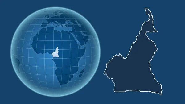 Kamerun Globe Tvarem Země Proti Zvětšené Mapě Obrysem Izolovaným Modrém — Stock fotografie