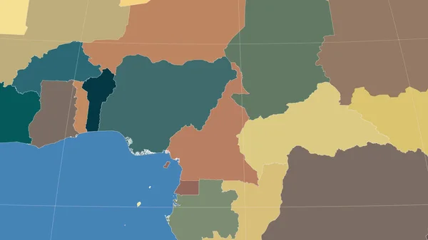 喀麦隆及其邻近地区 距离偏斜的视角 没有轮廓 行政区划的彩色地图 — 图库照片